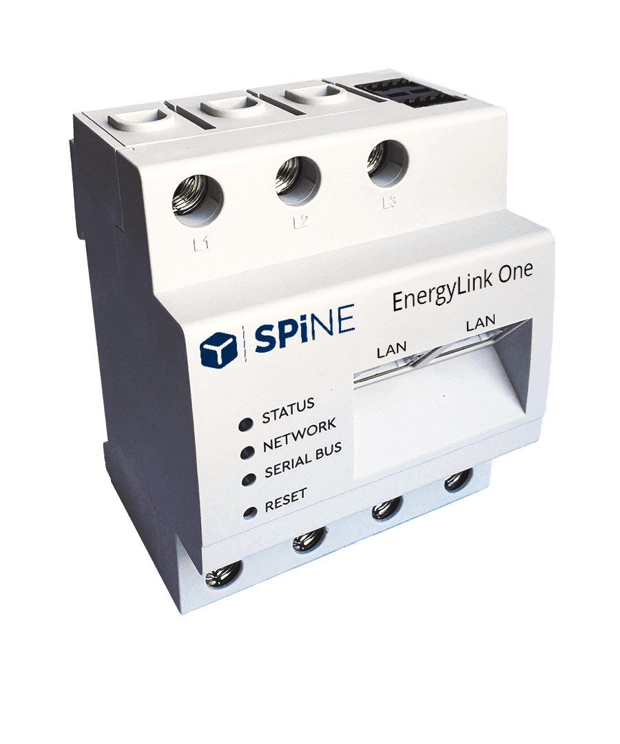 The EnergyLink One gateway for DIN rail mounting, with LAN ports and status LEDs