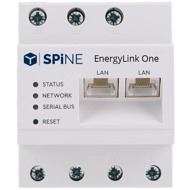The EnergyLink One gateway: DIN rail housing with three-phase terminals, two LAN ports and status LEDs