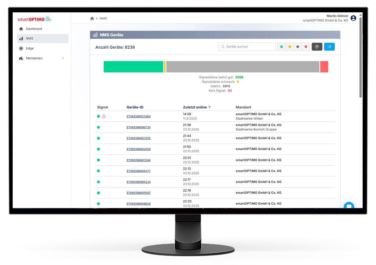The NMS device view: gateway fleet with signal status per device, filtered by tenant